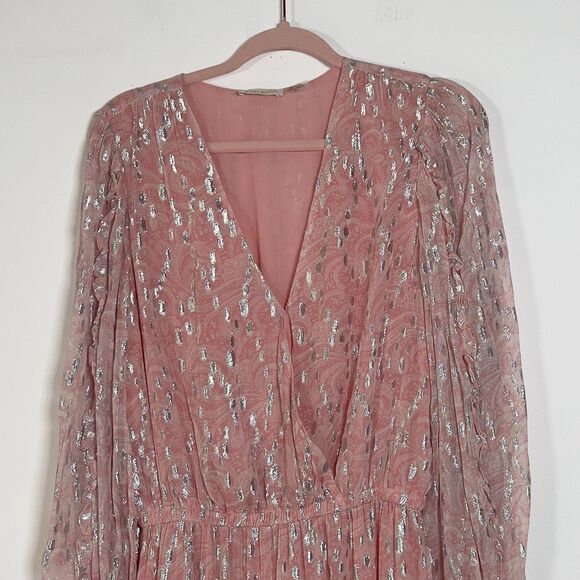 Ramy Brook Ora Metallic Print Maxi Dress Sz SP Pink Long Sleeve Crossover V-Neck - Picture 5 of 16